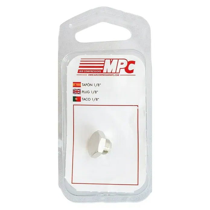 MPC Tapón roscado - ⅛″ - Imagen de un tapón de compresor de aire MPC de 1/8" empaquetado, ideal para diversas aplicaciones de aire comprimido.