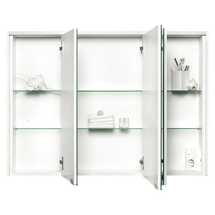 Sieper LED-Spiegelschrank KHX 100 - B x H: 100 x 74 cm, Holz, Holzdekor Weiß/Weiß - Der Spiegelschrank bietet viel Stauraum mit Glasböden und weißen Innenflächen, ideal für Badezimmerutensilien. Die Türen sind teilweise geöffnet.