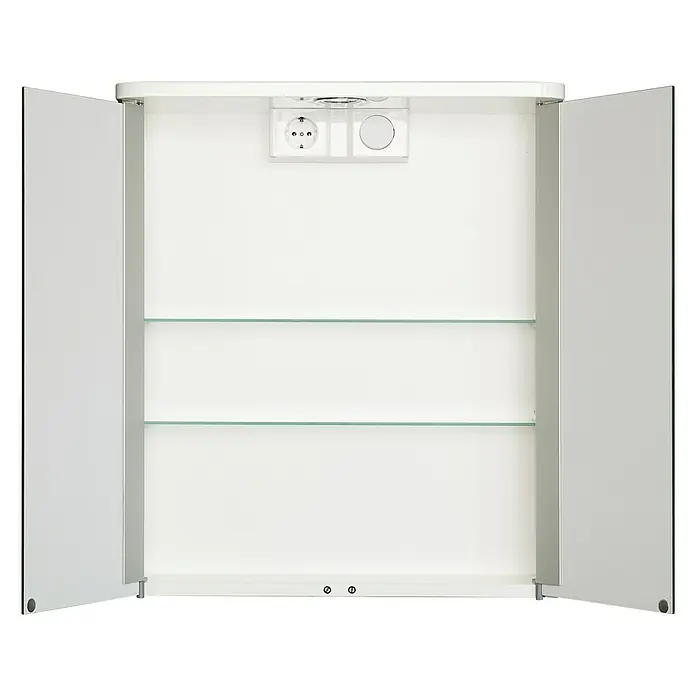 Jokey LED-Spiegelschrank Tamrus - B x H: 55 x 63 cm, Holz, Weiß - Ein offener weißer Spiegelschrank mit zwei Glasablagen und integrierter Steckdose, ideal für Badezimmerutensilien.