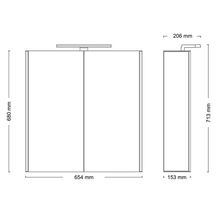 Jokey LED-Spiegelschrank DekorAlu - B x H: 65,4 x 68 cm, Weiß - Abbildung eines Spiegelschrank, der die Abmessungen des Produkts zeigt: 680 x 654 x 206 mm.