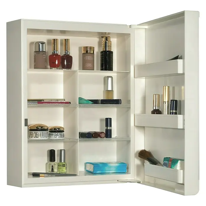 Sieper Spiegelschrank - B x H: 35 x 45 cm, Weiß - Offener, weißer Badezimmerschrank mit diversen Kosmetikprodukten wie Cremes, Lippenstifte und Nagellack auf mehreren Glasablagen.