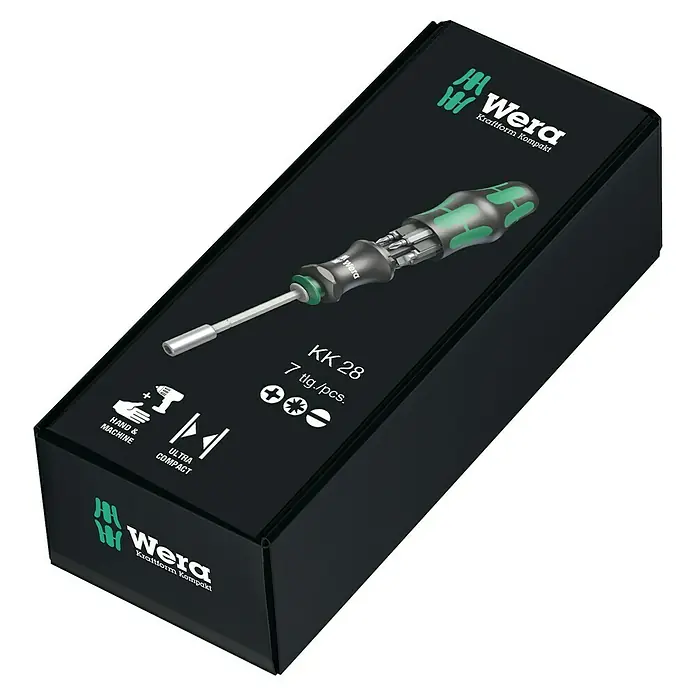 Wera Werkzeug-Set Kraftform Kompakt 28 SB - 7 -tlg. - Die Wera KK 28 Kraftform Kompakt Werkzeug-Set in der Verpackung, ein kompaktes Schraubendreher-Set für Hand- und Maschinengebrauch.