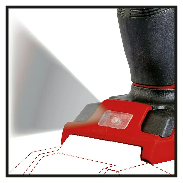 Einhell Power X-Change 18V Akku-Bohrschrauber TE-CD 18 Li E-Solo - 18 V, Ohne Akku - Nahaufnahme eines Einhell-Werkzeugs mit roter und schwarzer Farbgebung, das ein helles Licht ausstrahlt.