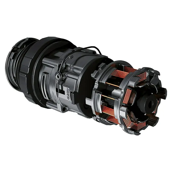 Einhell Professional PXC 18V Martillo combinado de batería Herocco - 18 V, Sin batería, 0 Ah, 2,2 J - Primer plano de un motor diseccionado, que muestra sus bobinados internos y los componentes mecánicos intrincados.
