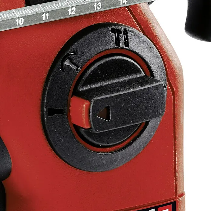 Einhell Professional Power X-Change 18V Akku-Kombihammer Herocco 18/20 - 18 V, Ohne Akku, 0 Ah, 2,2 J - Detailaufnahme eines roten Bohrhammers mit schwarzem Funktionswahlschalter zur Einstellung von Bohrmodus.