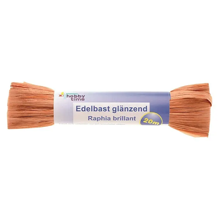 Glorex Hobby Time Edelbast - Glänzend, Braun, 20 m - Ein Strang glänzender Edelbast von Hobby Time, ca. 20 Meter lang, in einem warmen Orangeton, ideal für Bastelarbeiten und Dekorationen.