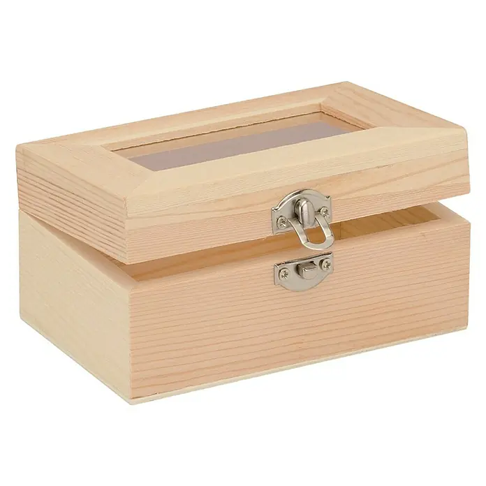 Holzbox mit Acrylglaseinsatz - 12 x 8 x 6 cm, Holz - Geöffnete, unbehandelte Holzkiste mit Fenster im Deckel und silbernem Verschluss, ideal zum Basteln und Dekorieren.