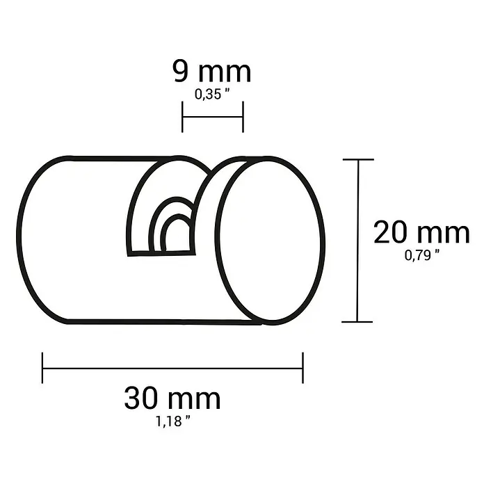 CUCINE Glaspunkthalter - Passend für: Cucine Küchenrückwände aus Glas, 4 Stk. - Technische Zeichnung eines zylindrischen Produkts mit Aussparung, Maße: 30 mm Länge, 20 mm Durchmesser, 9 mm Aussparung.