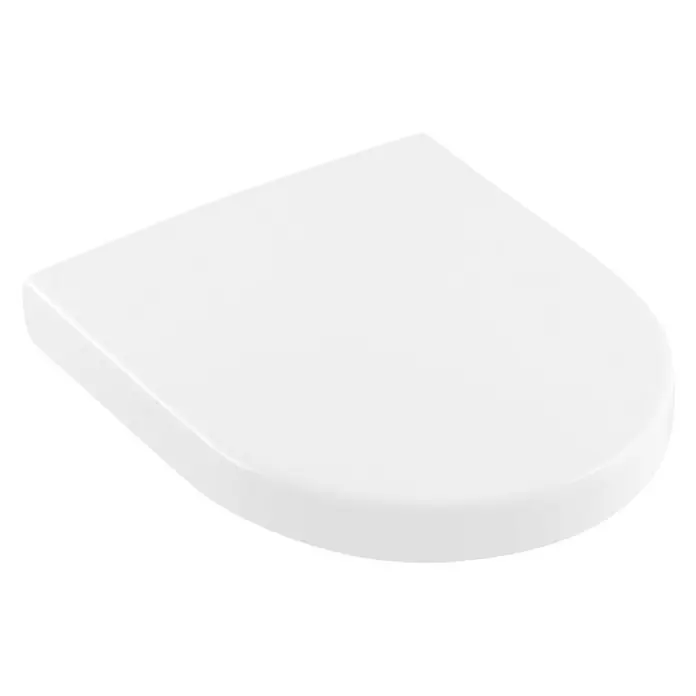Villeroy & Boch Architectura WC-Sitz Compact - Duroplast, Weiß, Ohne Absenkautomatik - Nahaufnahme eines weißen Toilettensitzes mit abgerundeten Kanten, der ein modernes und schlichtes Design für Badezimmerausstattungen zeigt.