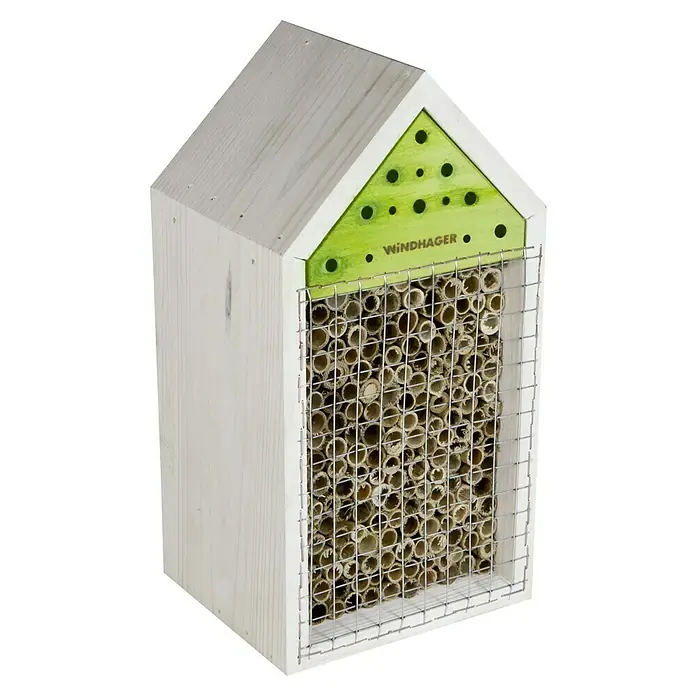 Windhager Insektenhotel - 14 x 12 x 27 cm, Natur/Grün - Ein Insektenhotel aus Holz mit einer grünen Frontplatte und vielen kleinen Löchern, gefüllt mit hohlen Stängeln hinter einem Drahtgitter.