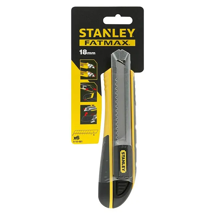 Stanley FatMax Cuttermesser - Klingenbreite: 18 mm, Abbrechklinge, Länge: 180 mm - Stanley Fatmax 18mm Cuttermesser in Gelb und Schwarz, verpackt auf einer Verkaufsverpackung. Ideal für präzise Schnitte bei verschiedenen Materialien.