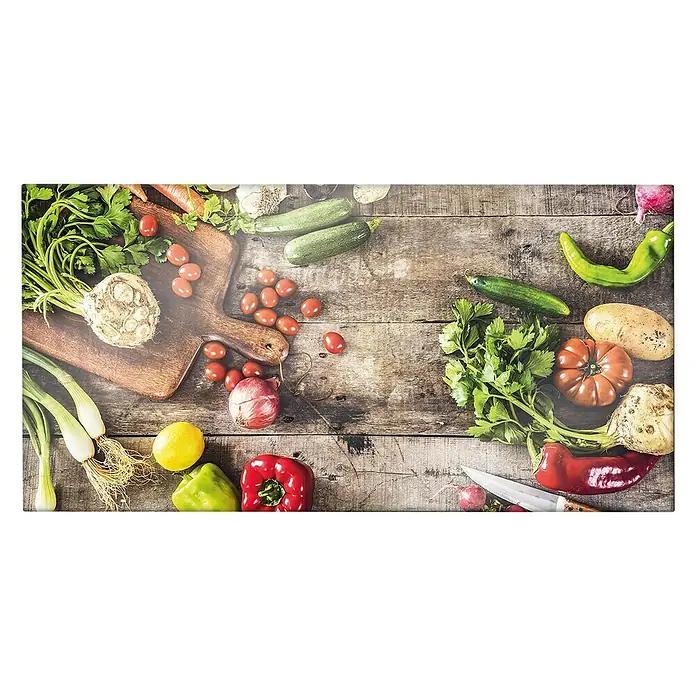 CUCINE Küchenrückwand - Garden Vegetables, 80 x 40 cm, Stärke: 6 mm, Einscheibensicherheitsglas (ESG) - Dekorative Küchenrückwand aus Glas mit frischem Gemüse und Kräutern auf rustikalem Holztisch für eine stilvolle Küchengestaltung.