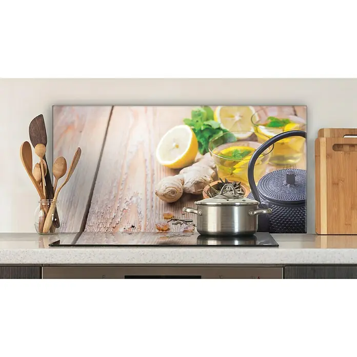 CUCINE Küchenrückwand - Ginger Tea, 80 x 40 cm, Stärke: 6 mm, Einscheibensicherheitsglas (ESG) - Küchenrückwand mit Zitronen-, Minze- und Ingwertee-Design, dekorativ über einem Kochfeld platziert, für eine frische Küchenatmosphäre.