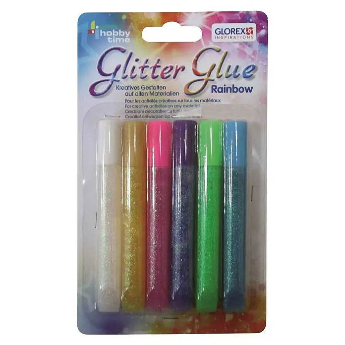 Glorex Hobby Time Klebestift Glitter Glue - Regenbogen, 6 Stk. x 10,5 ml - Abbildung eines Glitter Glue Rainbow-Sets von Hobby Time/Glorex mit sechs verschiedenen Farben, verpackt in einer transparenten Plastikverpackung.