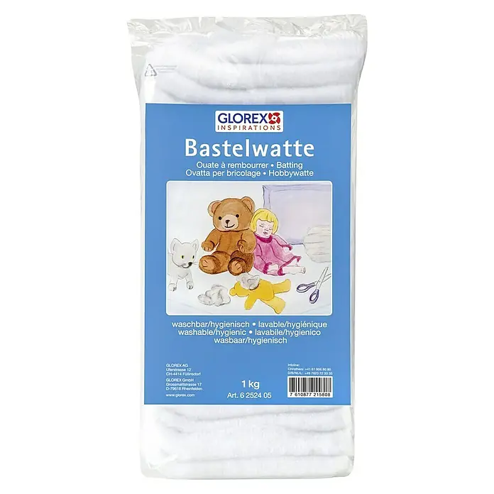 Glorex Bastelwatte - Weiß, 1 kg - Produktbild einer 1 kg Packung Glorex Bastelwatte, ideal zum Basteln und Füllen von Stofftieren, waschbar und hygienisch.