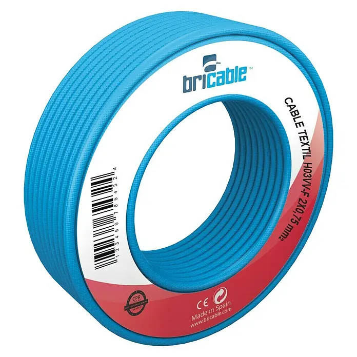 Bricable Cable textil Deco - H03VV-F, Azul, 5 m - Detalle de una bobina de cable textil azul Bricable H03VV-F 2x0,75mm², conocido por su calidad y flexibilidad.