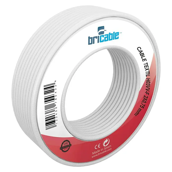 Bricable Cable textil Deco - H03VV-F, Blanco, 5 m - Primer plano de una bobina de cable textil blanco H03VV-F 2x0,75 mm² de Bricable, ideal para iluminación y proyectos DIY.