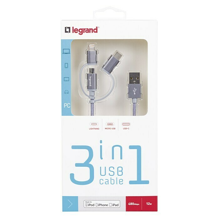 Cable USB 3 en 1  (Largo: 1 m, Plateado)