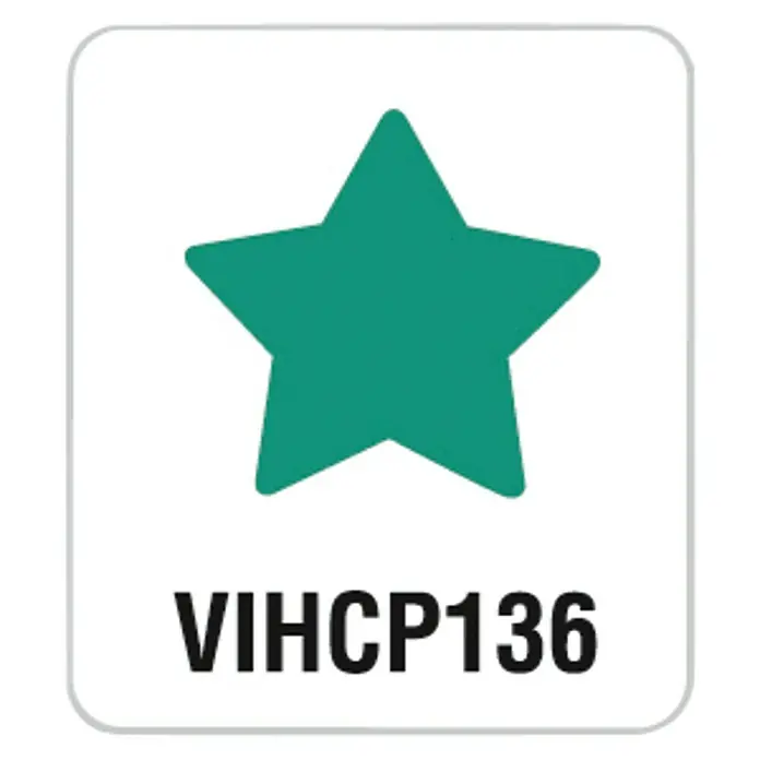 Artemio Perforadora pequeña Star - Estrella, 1,6 x 1,3 cm - El símbolo VIHPCP136 presenta una estrella verde sobre un fondo blanco en una forma rectangular blanca redondeada.
