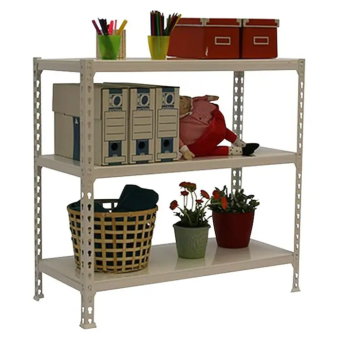 Simonrack Simonclick Estantería metálica Megaplus - Al x An x Pr: 90 x 120 x 30 cm, Capacidad de carga por balda: 180 kg, Número de baldas: 3 ud., Inserción, Gris - Estantería metálica blanca con tres estantes, llena de carpetas, cestas y macetas, ideal para almacenamiento.