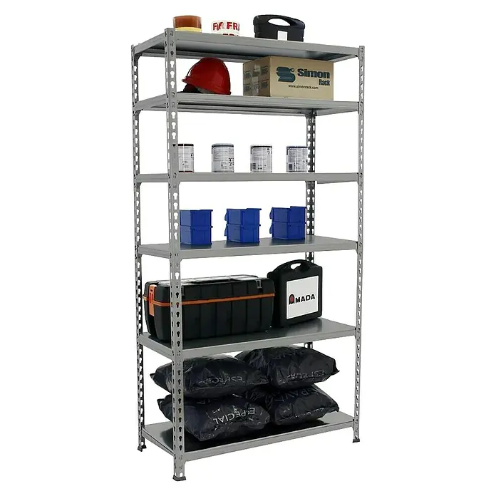 Simonrack Simonclick Estantería metálica Megaplus - Al x An x Pr: 250 x 120 x 40 cm, Capacidad de carga por balda: 180 kg, Número de baldas: 6 ud., Inserción, Gris - Una estantería metálica gris con seis estantes, llena de varios artículos como cajas de herramientas, botes de pintura y contenedores.