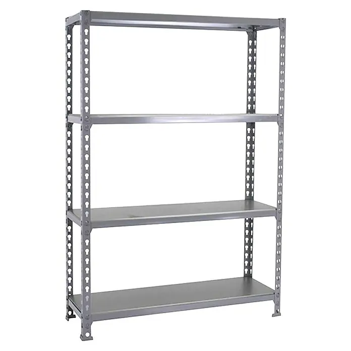 Simonrack Simonclick Estantería metálica Megaplus - Al x An x Pr: 150 x 120 x 30 cm, Capacidad de carga por balda: 180 kg, Número de baldas: 4 ud., Inserción, Gris - Una estantería metálica gris con cuatro niveles para almacenamiento. Ideal para un sótano, garaje o taller para organizar objetos.