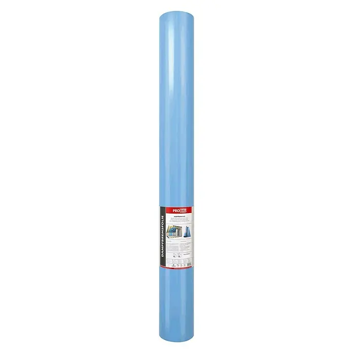 Probau Dampfbremsfolie - Max. Anwendungsfläche: 50 m², Polyethylen, Dauerhaft diffusionshemmend, Stärke: 0,125 mm - Eine Rolle hellblaue Pro-Bau Dampfbremsfolie, die in Bauprojekten für Feuchtigkeitsschutz verwendet wird.