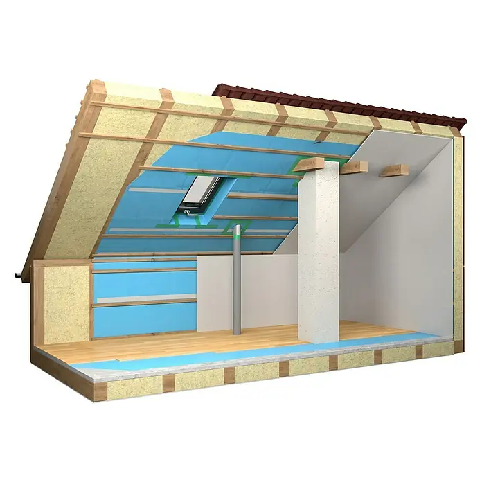Probau DampfbremsfolieMax. Anwendungsfläche: 50 m², Polyethylen, Dauerhaft diffusionshemmend, Stärke: 0,125 mm - Schnittansicht eines Dachbodens, die die Isolierung und Konstruktion des Daches und der Wände zeigt.