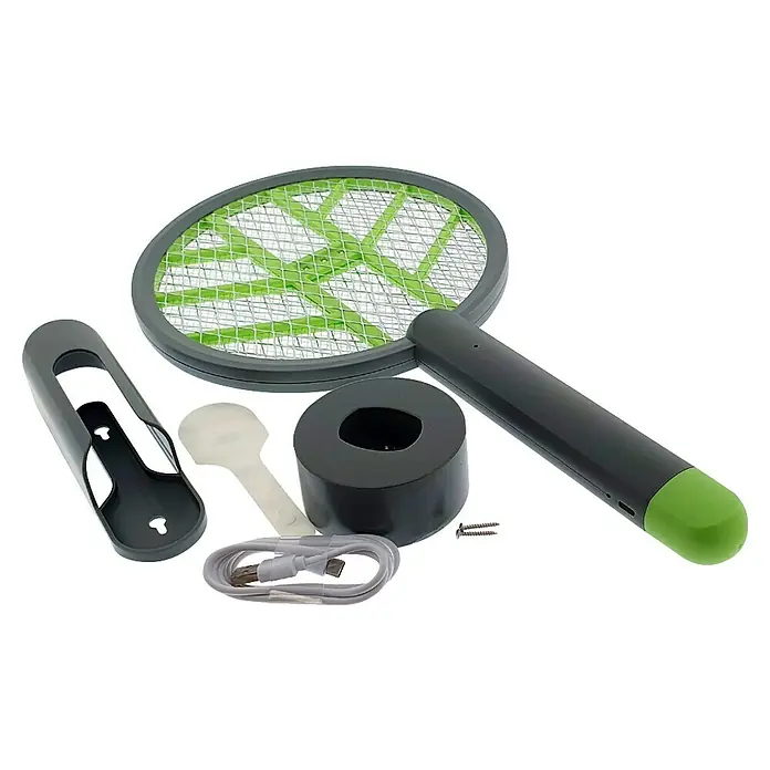 Matainsectos eléctrico Raqueta + Zapper - A batería, Gris/Verde - Imagen de un matamoscas eléctrico con accesorios, incluida estación de carga y cable. Ideal para controlar insectos en el hogar.