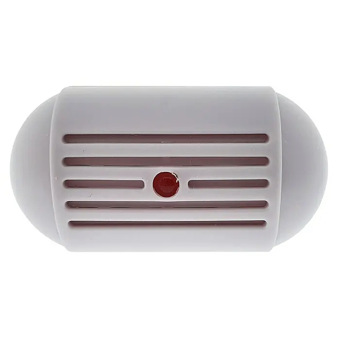 Eurobric 2000 Antimosquitos para exterior ultrasónico - 30 m², Blanco - Primer plano de un ambientador blanco con forma de píldora con ranuras horizontales y una esfera roja en el centro.