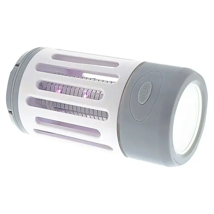 Eurobric 2000 Farolillo antimosquitos con linterna - 800 V - Una lámpara antimosquitos gris y blanca con luz ultravioleta que atrae y mata a los insectos. El dispositivo es adecuado para uso interior y exterior.