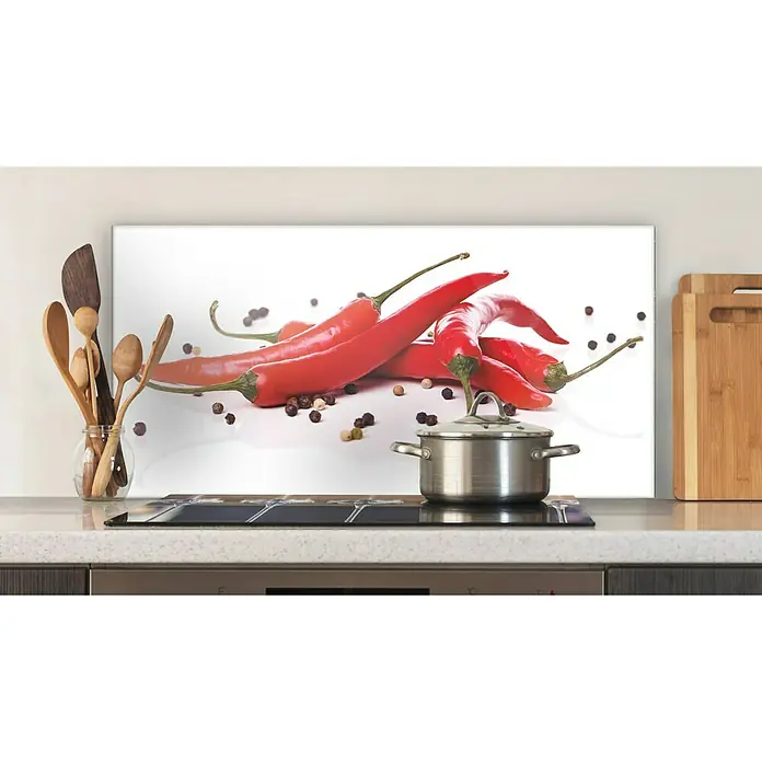CUCINE Küchenrückwand - Fiery Chili & Pepper, 80 x 40 cm, Stärke: 6 mm, Einscheibensicherheitsglas (ESG) - Küchenrückwand mit roten Chilischoten als Motiv, bringt Würze in jede Küche und schützt vor Spritzern beim Kochen.