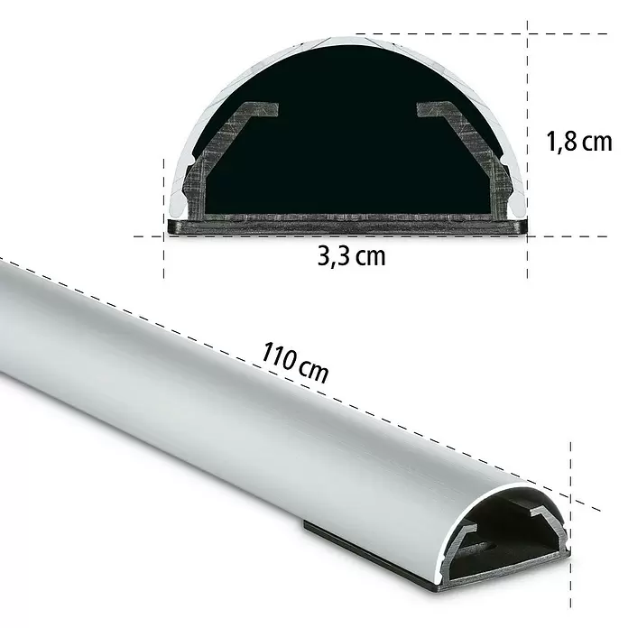 Hama Kabelkanal - 1,1 m x 33 mm x 18 mm, Aluminium - Silbernes, halbrundes Aluminiumprofil mit Innenkanal. Länge 110 cm, Breite 3,3 cm, Höhe 1,8 cm.