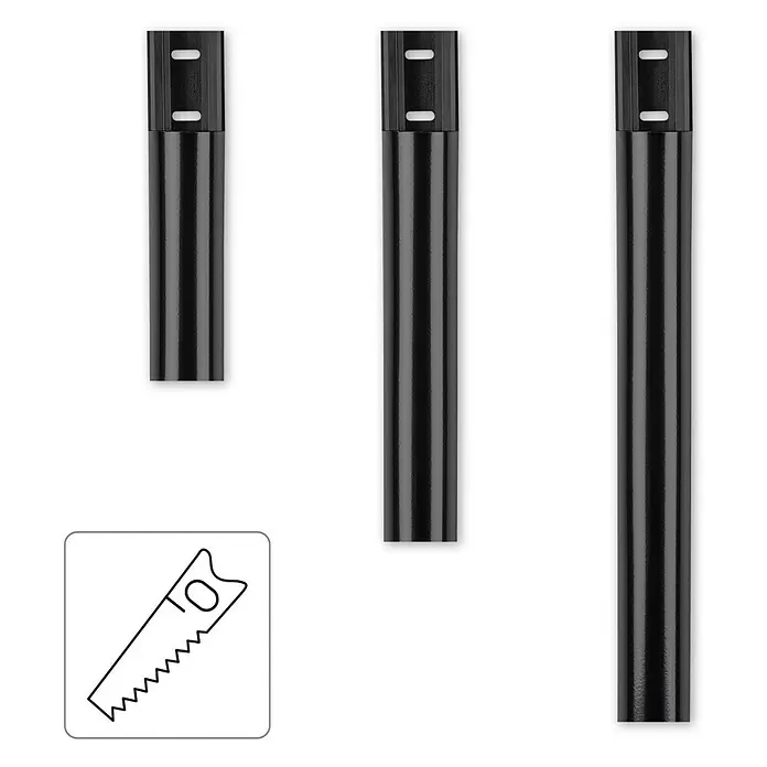 Hama Kabelkanal - 1,1 m x 33 mm x 18 mm, Schwarz - Drei schwarze Metallpfosten in verschiedenen Längen, mit einem Sägesymbol, das zeigt, dass sie geschnitten werden können.