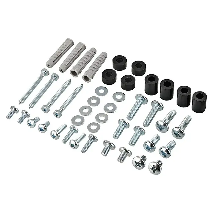 Hama TV-Wandhalterung starr - Passend für: Bildschirmdiagonale 32 - 75″, 81 - 191 cm, Belastbarkeit: 40 kg, Wandabstand: 2,5 cm - Vielfalt an Befestigungselementen. Eine detaillierte Ansicht von Schrauben, Unterlegscheiben, Dübeln und Abstandshaltern für verschiedene Montageanwendungen.