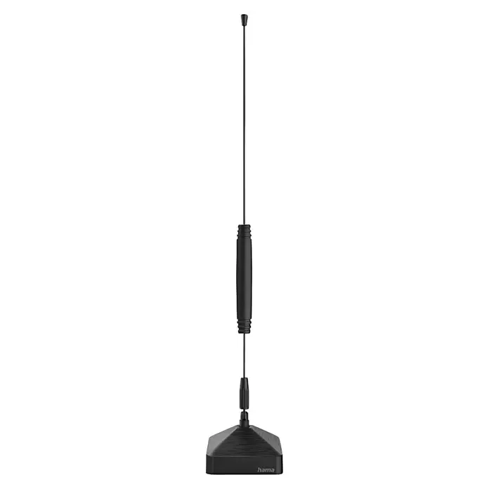 Hama Zimmerantenne Basic, passiv - DAB+, DAB, DVB-T2, UKW, Kabellänge: 1,45 m, Koax - Schwarze Zimmer-DVB-T2-Antenne mit schlankem, vertikalem Stab und pyramidenförmigem Sockel mit Hama-Logo.
