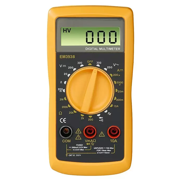 Hama Digital-Multimeter - Messkategorie: CAT III 300 V - Gelbes Digitalmultimeter mit schwarzer Oberfläche, gelbem Drehregler und LCD-Anzeige mit „HV 000“.