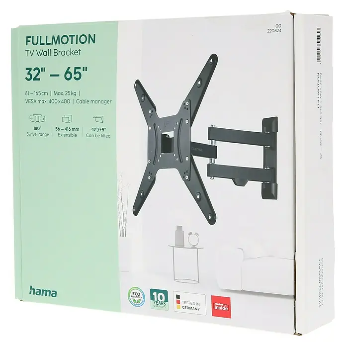Hama TV-Wandhalterung schwenkbar - Passend für: Bildschirmdiagonale 32 - 65″, 81 - 165 cm, Belastbarkeit: 25 kg, Wandabstand: 5,6 cm - 41,6 cm - Produktverpackung einer Fullmotion TV-Wandhalterung von Hama für 32-65 Zoll Fernseher, ideal für flexible TV-Positionierung im Raum.