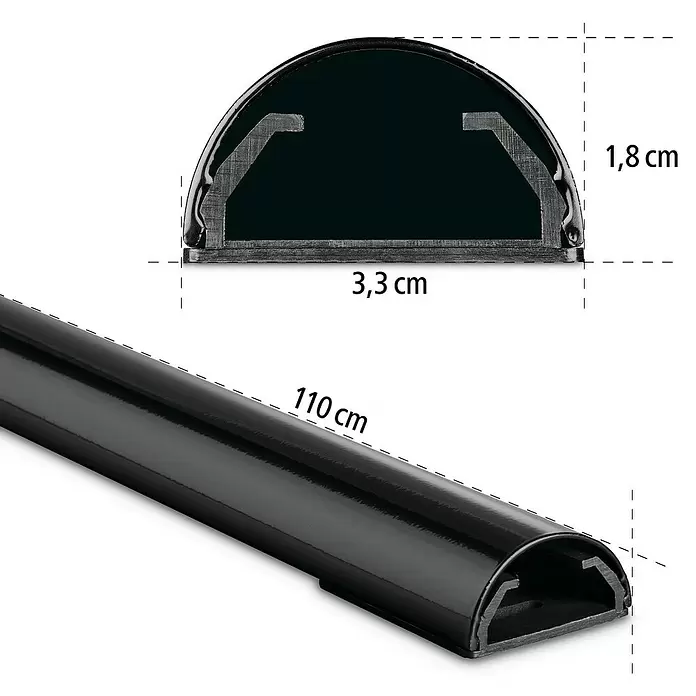 Hama Kabelkanal - 1,1 m x 33 mm x 18 mm, Schwarz - Schwarze halbrunde Kabelkanal, 110 cm lang, 3,3 cm breit, 1,8 cm hoch.