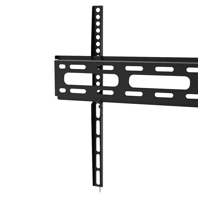 Hama TV-Wandhalterung starr - Passend für: Bildschirmdiagonale 32 - 75″, 81 - 191 cm, Belastbarkeit: 40 kg, Wandabstand: 2,5 cm - Nahaufnahme einer schwarzen TV-Wandhalterung mit verstellbaren Schienen zur flexiblen Positionierung.