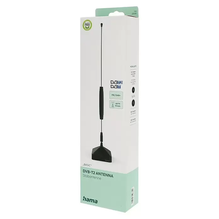 Hama Zimmerantenne Basic, passiv - DAB+, DAB, DVB-T2, UKW, Kabellänge: 1,45 m, Koax - Hama DVB-T2/T Antenne mit FM/DAB+ Unterstützung in plastikfreier Verpackung, zeigt Hauptfunktionen.