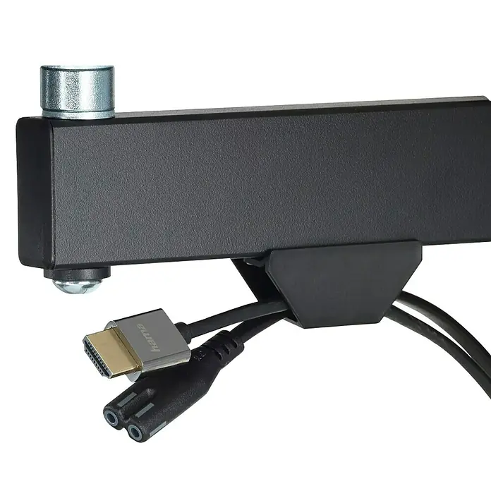 Hama TV-Wandhalterung schwenkbar, neigbar - Passend für: Bildschirmgröße: 81 - 165 cm (32"- 65") bis 20 kg - Nahaufnahme eines HDMI-Kabels und eines Netzkabels, die an ein schwarzes Gerät angeschlossen sind.