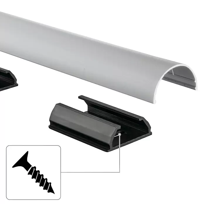Hama Kabelkanal - 1,1 m x 33 mm x 18 mm, Aluminium - Hellgraue halbrunde Kabelkanalabdeckung und schwarze Montageschiene zur Schraubbefestigung.