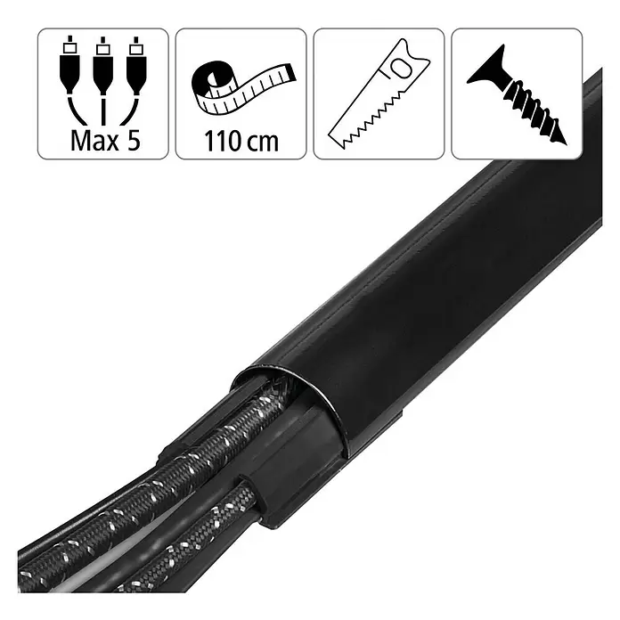 Hama Kabelkanal - 1,1 m x 33 mm x 18 mm, Schwarz - Schwarzer Kabelkanal, 110 cm lang, mit Symbolen für max. 5 Kabel, Zuschneiden und Schraubmontage.