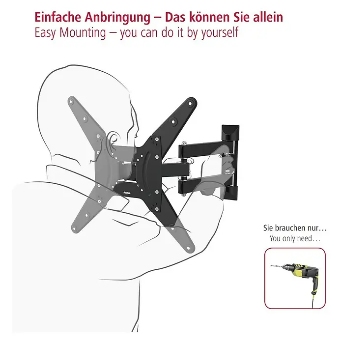 Hama TV-Wandhalterung schwenkbar - Passend für: Bildschirmdiagonale 32 - 65″, 81 - 165 cm, Belastbarkeit: 25 kg, Wandabstand: 5,6 cm - 41,6 cm - Einfache Montage: Eine TV-Wandhalterung wird an einer Wand montiert. Alles, was Sie brauchen, ist eine Bohrmaschine.