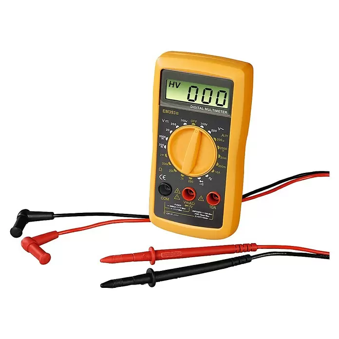Hama Digital-Multimeter - Messkategorie: CAT III 300 V - Gelbes Digitalmultimeter mit schwarzen und roten Messleitungen, Anzeige 'HV 000'.