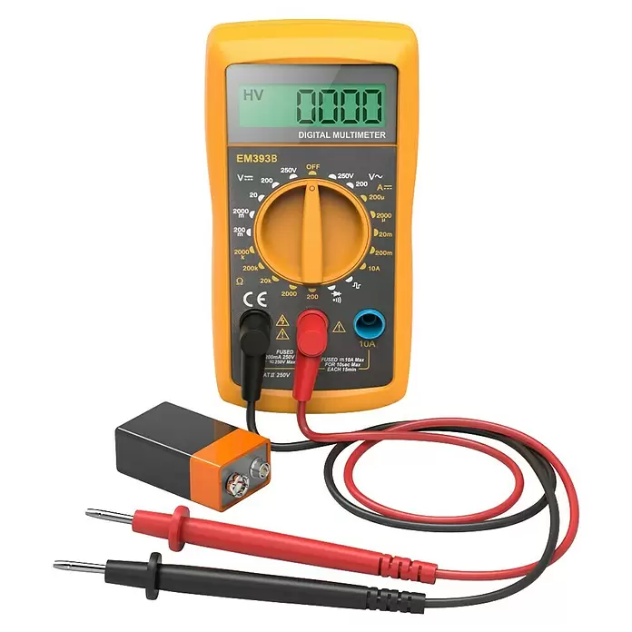 Hama Digital-Multimeter - Messkategorie: CAT III 300 V - Gelbes Digitalmultimeter mit schwarzen/roten Messleitungen, an eine 9V-Batterie angeschlossen.