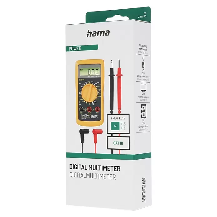 Hama Digital-Multimeter - Messkategorie: CAT III 300 V - Gelbes und schwarzes Digitalmultimeter mit roten und schwarzen Messleitungen und 9V-Batterie, verpackt in einer weißen Box mit grünen Akzenten.