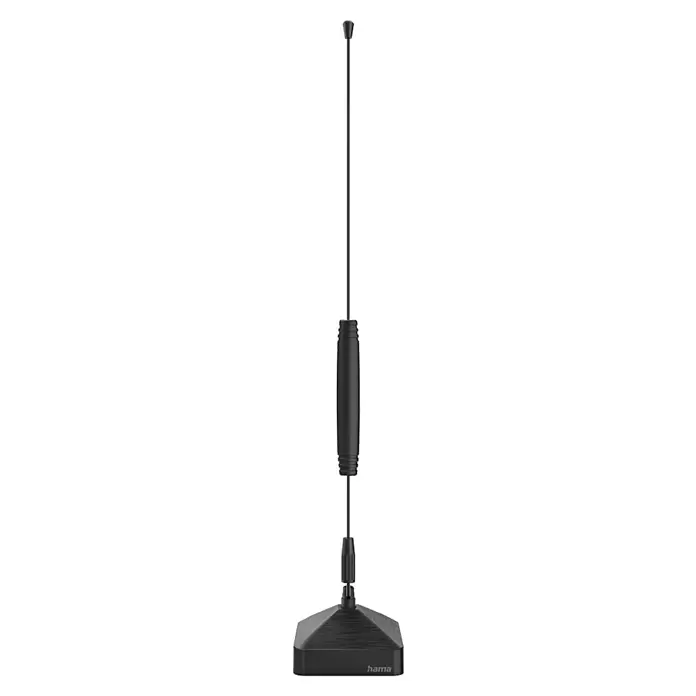 Hama Zimmerantenne Basic, passiv - DAB+, DAB, DVB-T2, UKW, Kabellänge: 1,45 m, Koax - Schwarze Indoor-Antenne mit langer Stange, zylindrischem Mittelteil und pyramidenförmiger Basis.