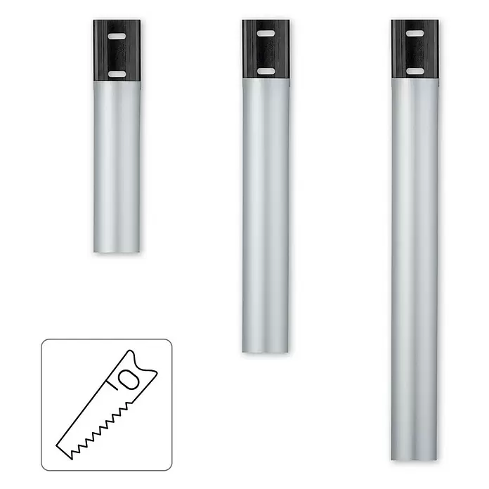 Hama Kabelkanal - 1,1 m x 33 mm x 18 mm, Aluminium - Silberne Aluminiumprofile mit schwarzen Endkappen, in verschiedenen Längen gezeigt und als zuschneidbar gekennzeichnet.